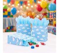 Silkfly 24 Pcs Mini Blue Cloud Gift Bags with Tissue Paper 5x5x3'' | Birthday Goodie Bag with Handles, Mini Size, Blue Sky White Cloud Design, Cartoon Story Birthday Baby Shower Party Favor