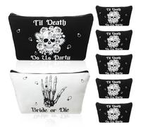 Silkfly 7 Pcs Bride or Die Bachelorette Party Makeup Bag Till Death Cosmetic Bags for Gothic Halloween Bridal Shower Supplies, White, Black