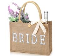 Silkfly Wedding Bride Tote Bag Bridal Shower Gift Beach Jute Tote Bag with Ribbon for Bachelorette Party Favors Supplies, Silver Edges, Width: 13 inches, Length: 9.5 Height: 4.7 inches, Bride