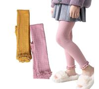 Silkglory Girls Knit Lace Cropped Leggings 2 Packs Seamless Tights with Delicate Double-Layered Lace Trim, Stretchy and Comfortable for 6-7 Years Pink/Yellow