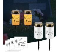 Silkwish Set of 2 Solar Grave Lights with Ground Spike and Dandelion Stickers - IP65 Weatherproof Flickering LED Grave Candle - Solar Cemetery Candles Grave Lights Forever in Our Hearts (Warm White)