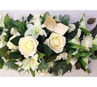 Silky Bouquets Artificial Silk Funeral Flower Coffin Spray Tribute Casket Topper Wreath Lily (White, 12")