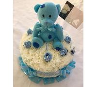 Silky Bouquets Birthday Cake Teddy Bear Memorial Tribute - 12" Silk Flower Cake with Decorative Bear | Personalized Graveside Birthday Arrangement in Any Colour with Name Sash