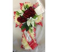 Silky Bouquets Chrysanthemum Cross Funeral Tribute - 16" Silk Flower Cross with Ribbon Edge & Rose Cluster | Personalized Artificial Funeral Flowers Memorial with Sash & Message Card