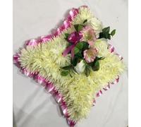 Silky Bouquets Chrysanthemum Cushion Funeral Tribute - 18" Cushion with Double Ribbon Edge | Personalized Artificial Flower Memorial with Sash & Message Card