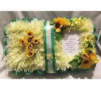 Silky Bouquets Chrysanthemum Open Book Funeral Tribute - Silk Flower Open Book Design with Ribbon Edge | Personalized Artificial Funeral Flowers with Sash