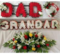 Silky Bouquets Dad Grandad Heart & Large Spray Silk Funeral Flower Package - Personalized 7 & 3 Letter Memorial Flowers, 36" Spray & 14" Heart | Custom Silk Funeral Flowers for Graves & Funerals