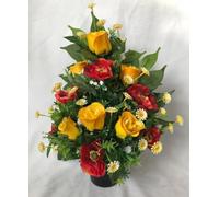 Silky Bouquets Flat-Back Grave Pot Arrangement Rose & Poppy Mix - Silk Rose & Poppy Floral Arrangement, Customizable Height & Colour, Elegant Memorial Tribute, Lasting Cemetery Decoration