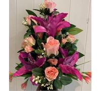 Silky Bouquets Flat-Back Grave Pot - Handmade Artificial Pink Rose & Purple Lily Silk Flower Arrangement, Elegant Memorial Tribute, Lasting Cemetery Floral Decoration