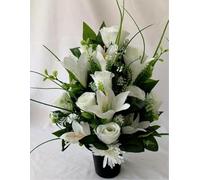Silky Bouquets Flat-Back Grave Pot - Handmade Artificial White Rose & Lily Silk Flower Arrangement, Elegant Memorial Tribute, Lasting Cemetery Floral Decoration