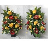 Silky Bouquets Flat-Back Grave Pot Pair - Handmade Artificial Rose & Poppy Silk Flower Arrangement, Elegant 14" Memorial Tribute, Lasting Cemetery Decoration