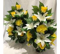 Silky Bouquets Flat-Back Grave Pot Pair - Handmade Artificial Yellow & White Rose, Carnation & Lily Silk Flower Arrangement, Elegant 14" Memorial Tribute, Lasting Cemetery Decoration