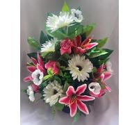 Silky Bouquets Flat-Back Grave Pot Pink Lily & White Gerbera - Silk Floral Arrangement with Pink Lilies, White Gerbera & Anemone, Elegant Memorial Tribute, Lasting Cemetery Decoration
