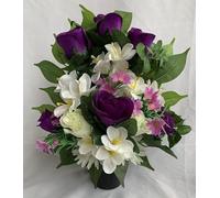 Silky Bouquets Flat-Back Purple Rose & Wild Flower Grave Pot - Handmade Artificial Floral Arrangement, Elegant Memorial Tribute, Lasting Cemetery Decoration