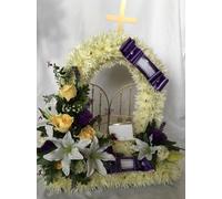 Silky Bouquets Gates of Heaven Funeral Tribute - 2ft Silk Chrysanthemum Display with Rose & Lily Cluster | Personalized Memorial with Two Sashes