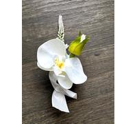 Silky Bouquets Orchid Wedding Buttonholes - Groomsmen Decorative Artificial Flowers with Foliage & Personalized Ribbon - Perfect for Weddings & Special Occasions (Ivory)