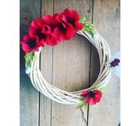 Silky Bouquets Remembrance Sunday Poppy Wicker Ring - 12" Wicker Wreath with Silk Poppies | Memorial Tribute for November 11th with Message Card - 10% Donated to Royal British Legion