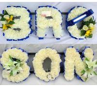 Silky Bouquets Son and Bro 3 Letter Funeral Tribute Package Pair - Personalized Silk Flower Word Tributes with Carnations & Cluster | Custom Memorial Flowers for Graves & Funerals