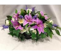 Silky Bouquets Spray Effect All Round Grave Pot Posy - Mixed Silk Rose & Lily Floral Arrangement, Customizable Lilies Colour, Elegant Memorial Tribute, Lasting Cemetery Decoration