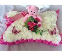 Silky Bouquets Teddy Bear Pillow Funeral Tribute - 18" Pillow with Silk Flowers, Ribbon Edge & Decorative Bear Cluster | Personalized Memorial with Sash & Message Card
