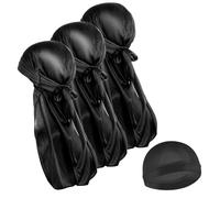 Silky Durags for Men Women, 3PCS 360 Waves with 1 Wave Cap Long Tailed Turban Headwear Elastic Durags Soft Breathable Stocking Wave Caps for Men Women Running Fitness Cycling Hiking Camping(Black)