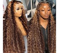 Silky Longess 36 Inch 33x6 Highlight Lace Front Wig Human Hair 4/27 Ombre Deep Wave Lace Front Wig Human Hair Pre Plucked with Baby Hair 180% Density Honey Blonde Curly Wigs