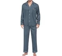 Silky Pajama Set Men's Casual Pyjamas Long Sleeve Blouse Button Silk Satin Two Sleepwear Suit Pant Pyjama Sleepwear Long Sleeves Women (Grey, L)