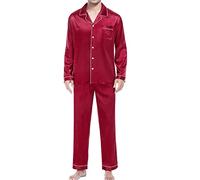 Silky Pajama Set Men's Casual Pyjamas Long Sleeve Blouse Button Silk Satin Two Sleepwear Suit Pant Pyjama Sleepwear Long Sleeves Women (Hot Pink, M)