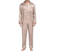 Silky Pajama Set Men's Casual Pyjamas Long Sleeve Blouse Button Silk Satin Two Sleepwear Suit Pant Pyjama Sleepwear Long Sleeves Women (Beige, L)