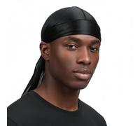 Silky Satin Durag for Men Women Silk Durags Satin Du Rags Long Tail Do Rag Cap Designer Doo Rags Cap Long Straps Headwrap, Black, One size