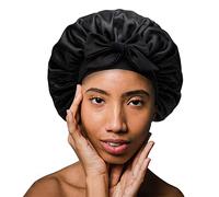 Silky Satin Hair Bonnet, Night Cap Hair Cover for Black Women Hair Care with Soft Strechy Tie Band - Jumbo Satin Sleep Cap, Black, L
