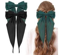 Silky Satin Hair Bows, 2 PCS Big Black Bow and Dark Green Set Bowknot Metal Spring Clip Oversized Long Tail Hair Ribbons Ponytail Holder French Barrettes Hair Accessories for Women, Christmas Gifts