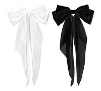 Silky Satin Hair Bows, 2 PCS Big Black Bow and White Bow Set Bowknot Metal Spring Clip Oversized Long Tail Hair Ribbons Ponytail Holder French Barrettes Hair Accessories for Women, Christmas Gifts