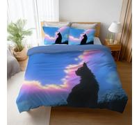Silky Smooth Blue Black Anime Duvet Cover Bedding Minimalist Sky Cat Durable Fabric 2 Pillowcases Included Microfiber For kids girls teens and adults room Comforter Cover 79"x79"