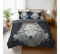 Silky Smooth White Gray Illustration Duvet Cover Fantasy Sacred Wolf Durable Fabric 2 Pillowcases Included Microfiber For Kids Children Teens Boys Girls Comforter Cover 79"x79"
