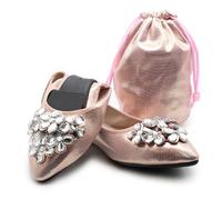 Silky Toes Wedding Foldable Flats for Women Elegant Folding Dressy Crystal Shoes for Pouch Or Purse Silver, Pink Gold, 5 UK