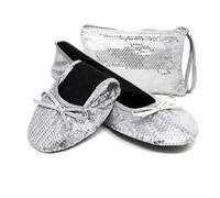 Silky Toes Women's Foldable Sequin Shoes Dressy Ballet Flats Roll Up Slipper Shoe with Matching Carrying Pouch, Silver Sequins New, L