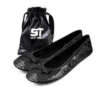 Silky Toes Women's Foldable Sequin Shoes Dressy Ballet Flats Roll Up Slipper Shoe with Matching Carrying Pouch, Black Sequins New, Medium