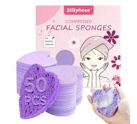 Silkyhose 50-Count Compressed Cellulose Facial Sponges - Heart-Shaped 100% Natural Cosmetic Sponges for Gentle Cleansing, Exfoliating & Skin Massage (Purple)