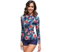 Sillictor Rash Vest Women Long Sleeve Swim Top UV Half Zip Womens Swim Shorts and Top Set Modest Swimwear Two Piece Swimsuits Ladies Rash Guard Shirt for Surfing,Quick Dry 404 Navy Red Flower XL