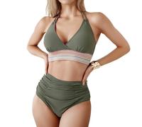 Sillictor Women's Halter Neck High Waisted Bikini Set Two Piece Swimsuit Surfing Sexy V Neck Tummy Control Swimwear Push Up Padded Swimming Bathing Suit 2506 Green XL