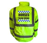 Sillitoe Horses Slow Down Yellow Hi Vis Bomber Jacket Reflective, Equestrain, Horse Riding, Conforms to EN20471 Class 3, High Visibility, By Brook Hi Vis, Small