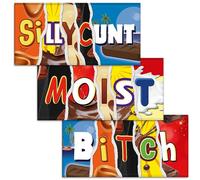 Silly C#nt + Moist + Bitch. Mixed Triple Pack - 3x Funny Chocolate Bar Wrappers. Choc Bar Covers Rude Joke Prank Insult Gift Fun Friend Present. Pack of 3. (Chocolate Not Included)