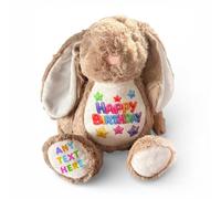 Silly Dog Designs - Birthday Bunny Plush - Personalised or Standard Soft Toy - “Happy Birthday” Teddy Gift for Kids - Custom Name Option - 4 Colours Blue Pink White Brown (Brown Bunny - Personalised)
