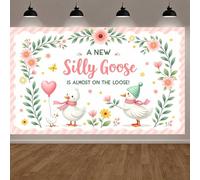 Silly Goose Baby Shower Backdrop 71x43 Large Pink Floral Polyester Fabric, A New Silly Goose is Almost On The Loose Banner Party Decorations for Gender Reveal Photo Booth Background
