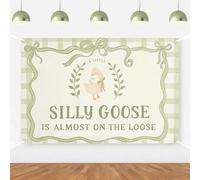 Silly Goose Baby Shower Backdrop Decorations A Little Silly Goose is Almost on The Loose Banner Background Green Bow Gingham Cute Farm Animal Banner for Kids Baby Shower Gender Reveal Decor 5 * 3ft