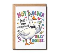 Silly Goose Birthday Card - Not Older Just More Distinguished Pun Greeting - Cute White Bird Martini Glass Gift - Humorous Animal Bday - Unique Stationery