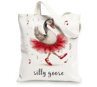 Silly Goose Canvas Tote, Cute Duck Design Reusable Grocery Bags, Adorable Lightweight Washable Shoulder Strap Bags for Gym, White, 13x15 Inch