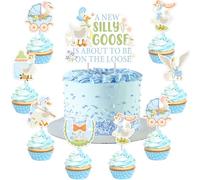 Silly Goose Cupcake Toppers Goose Cake Toppers 25pcs Blue A New Silly Goose Is About To Be On The Loose Cake Topper Set Floral Farm Animal Baby Shower Cake Decor for Geese Flower Gender Reveal Party
