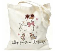 Silly Goose On The Loose Cute Floral Goose Canvas Tote Bag Casual Gift | Funny Silly Goose Whimsical Friendship Tote Bag, Soft Roomy Canvas Bag for School, Grocery Runs & Everyday Casual Outings